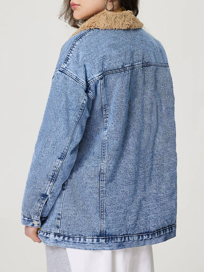 Button Up Collared Neck Plush Denim Jacket-Angel Casuals