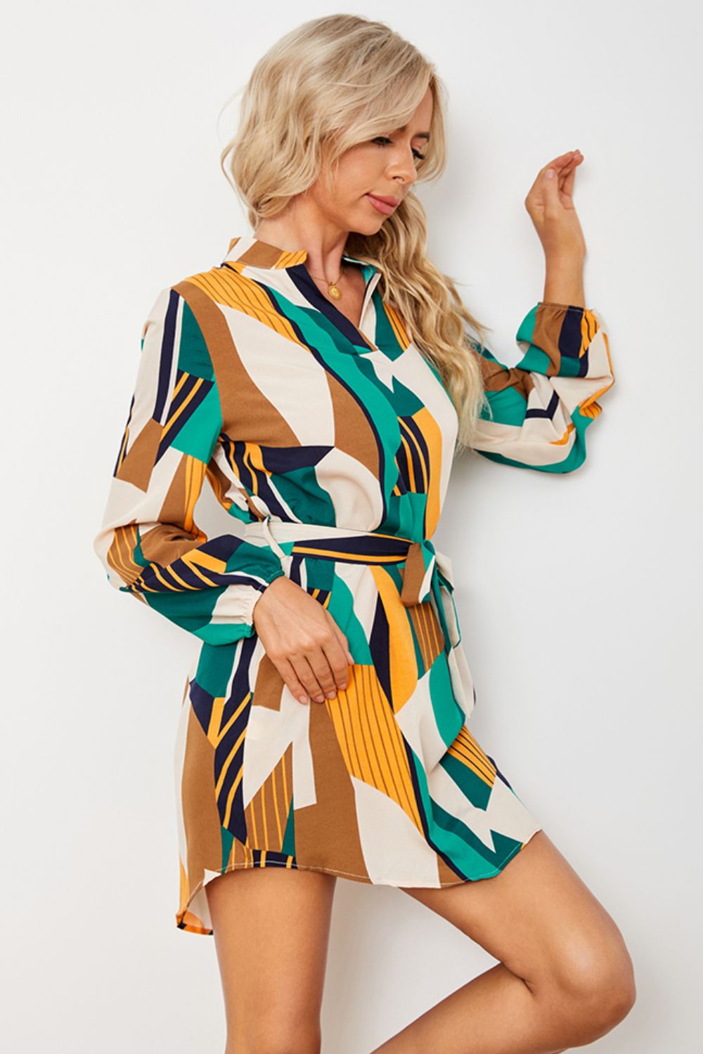 Geometric Print Belted Curved Hem Dress-Angel Casuals