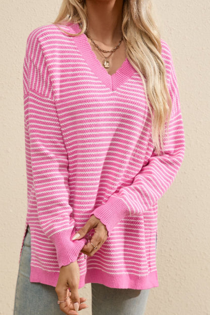 Striped V-Neck Dropped Shoulder Sweater-Angel Casuals