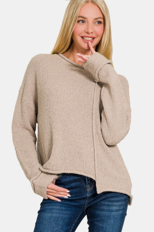 Zenana Asymmetric Hem Drop Shoulder Sweater-Angel Casuals