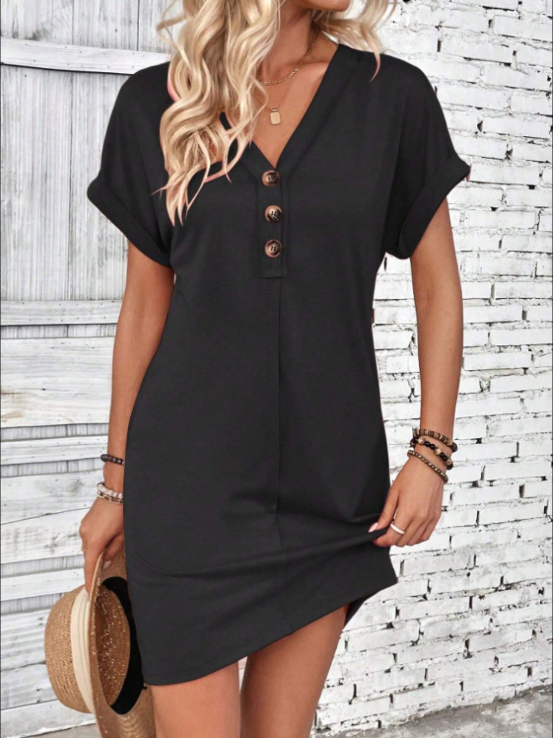 Quarter Button V-Neck Short Sleeve Dress-Angel Casuals