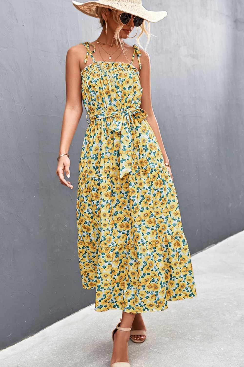 Floral Tie-Shoulder Belted Dress-Angel Casuals