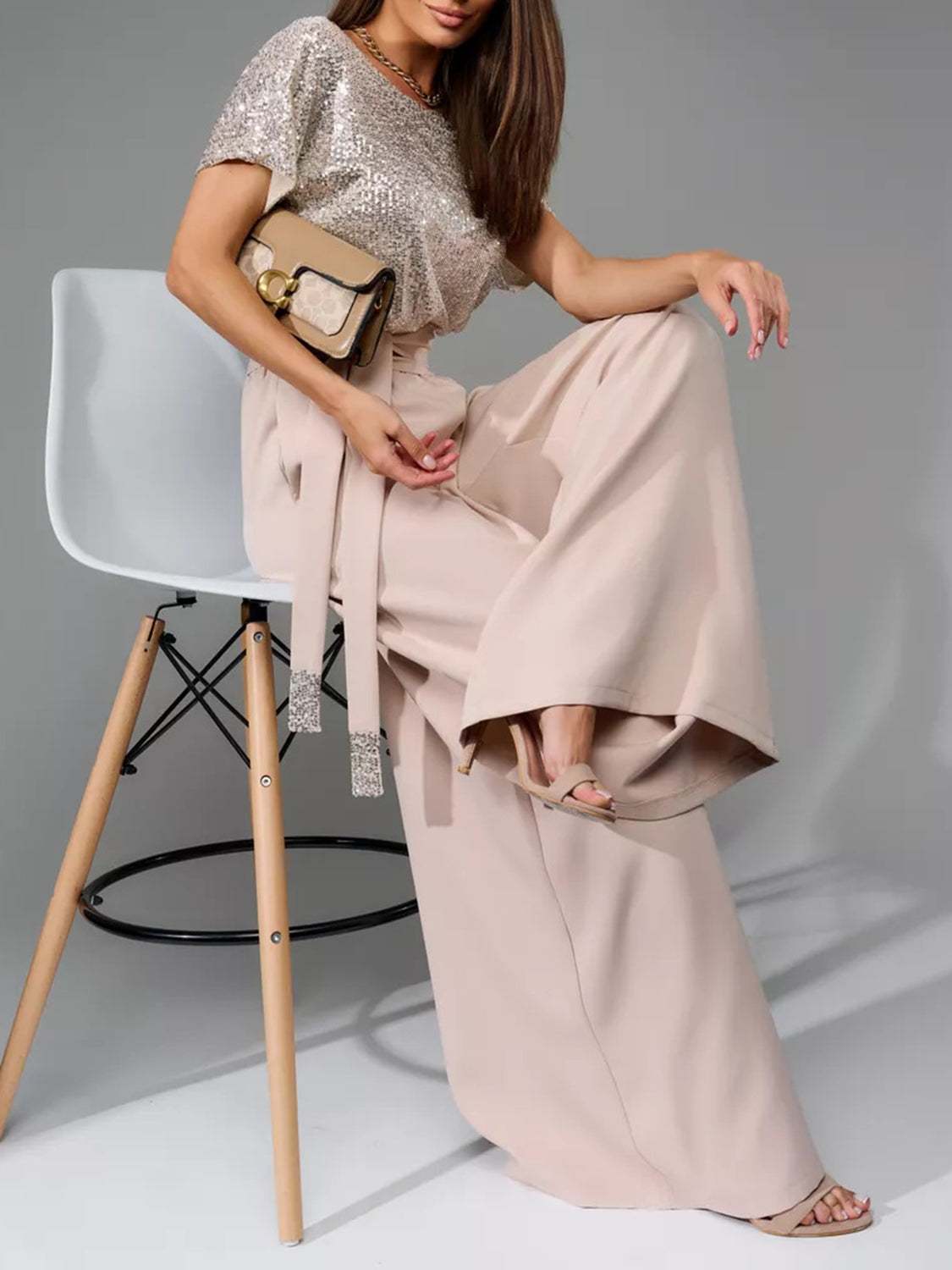 Full Size Sequin Round Neck Short Sleeve Wide Leg Jumpsuit-Angel Casuals