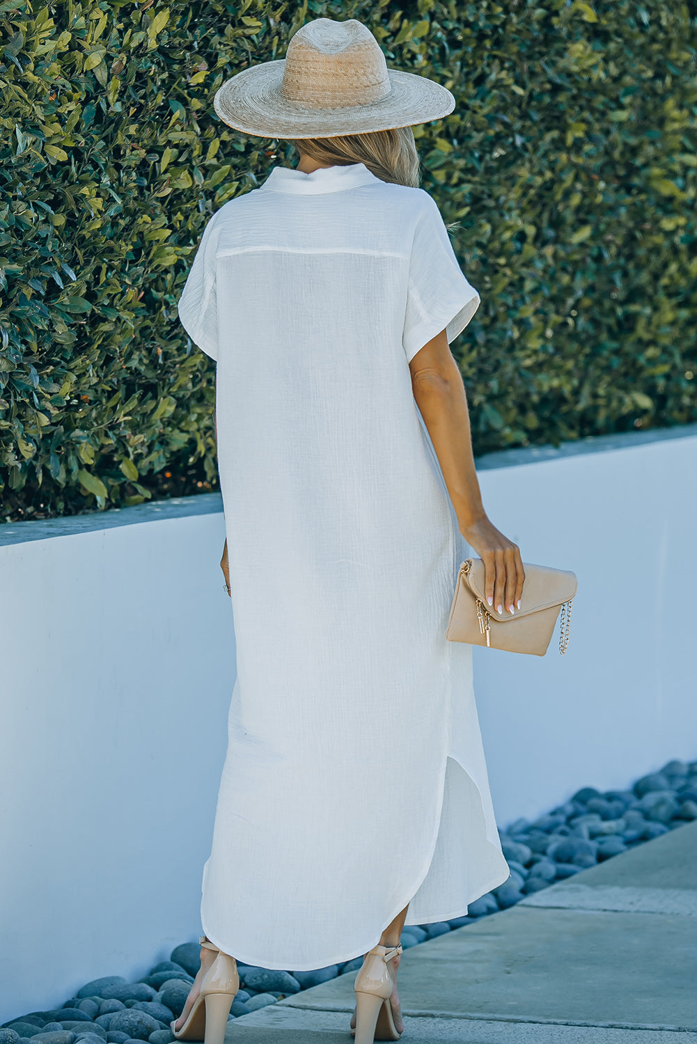 Textured Button Down Slit Shirt Dress-Angel Casuals