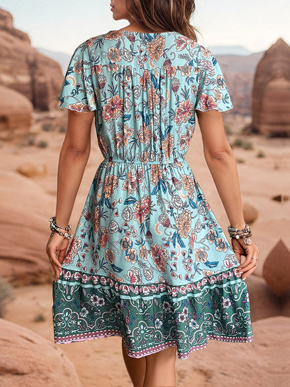 Printed V-Neck Flutter Sleeve Dress-Angel Casuals