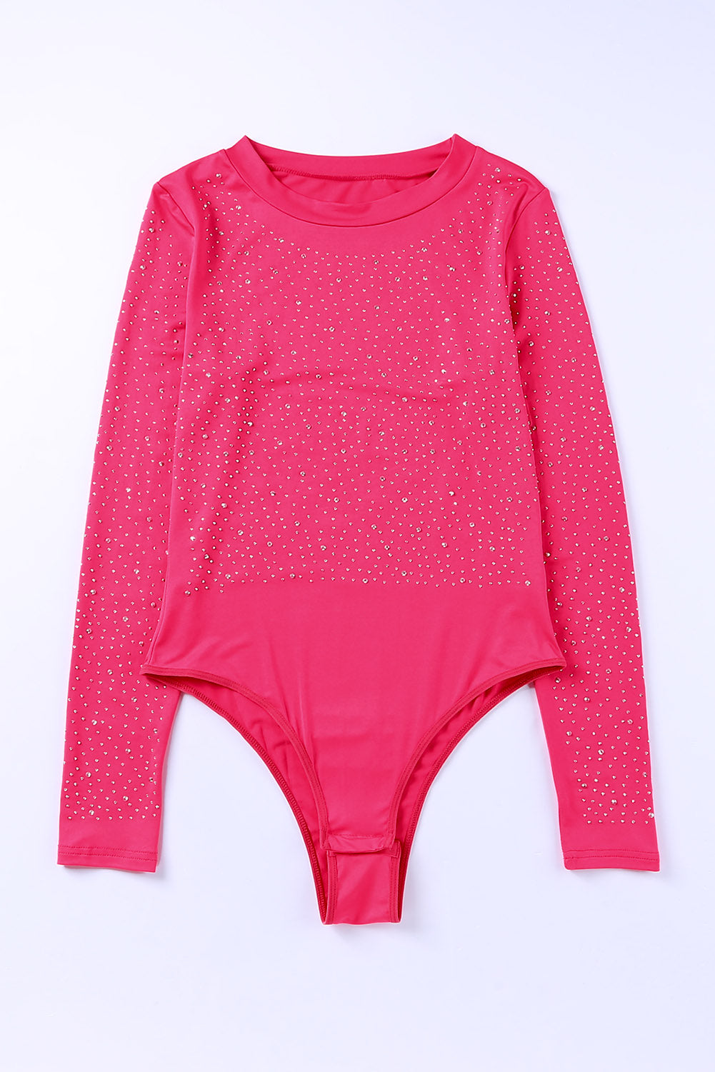 Rhinestone Round Neck Long Sleeve Bodysuit-Angel Casuals