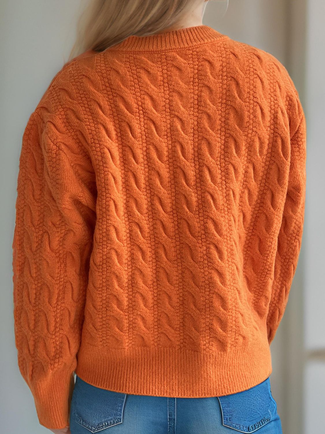 Cable-Knit Round Neck Long Sleeve Cardigan-Angel Casuals