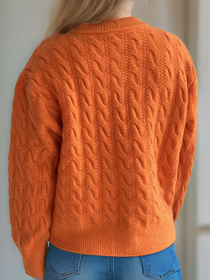 Cable-Knit Round Neck Long Sleeve Cardigan-Angel Casuals