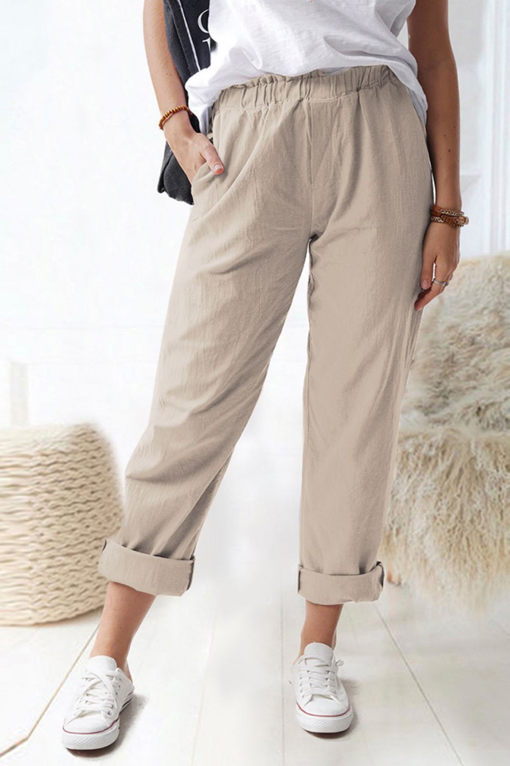 Paperbag Waist Pull-On Pants with Pockets-Angel Casuals