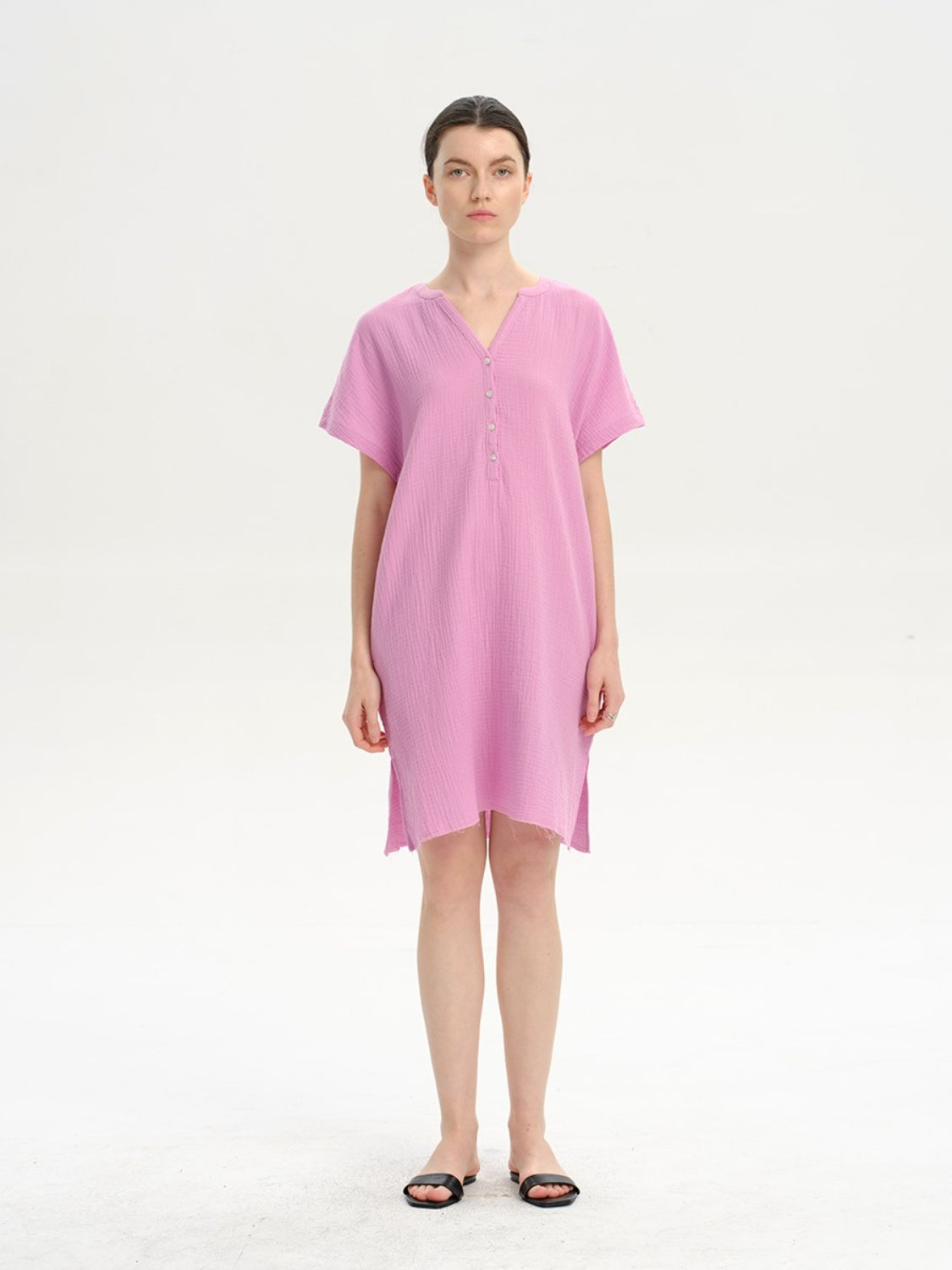 Slit Notched Short Sleeve Mini Dress-Angel Casuals