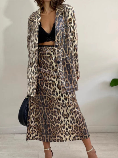 Leopard Lapel Collar Long Sleeve Longline Blazer-Angel Casuals