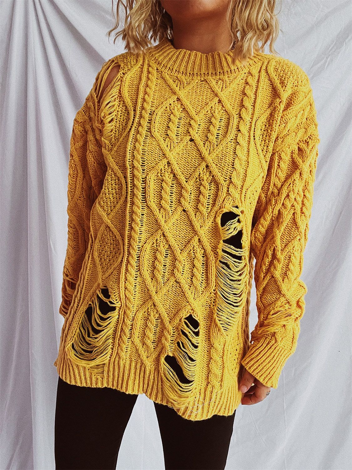 Distressed Cable-Knit Round Neck Long Sleeve Sweater-Angel Casuals