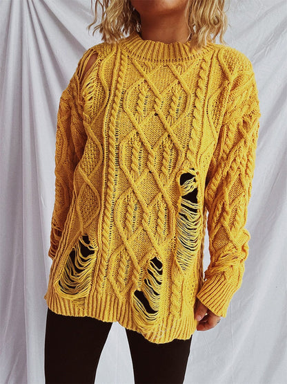 Distressed Cable-Knit Round Neck Long Sleeve Sweater-Angel Casuals