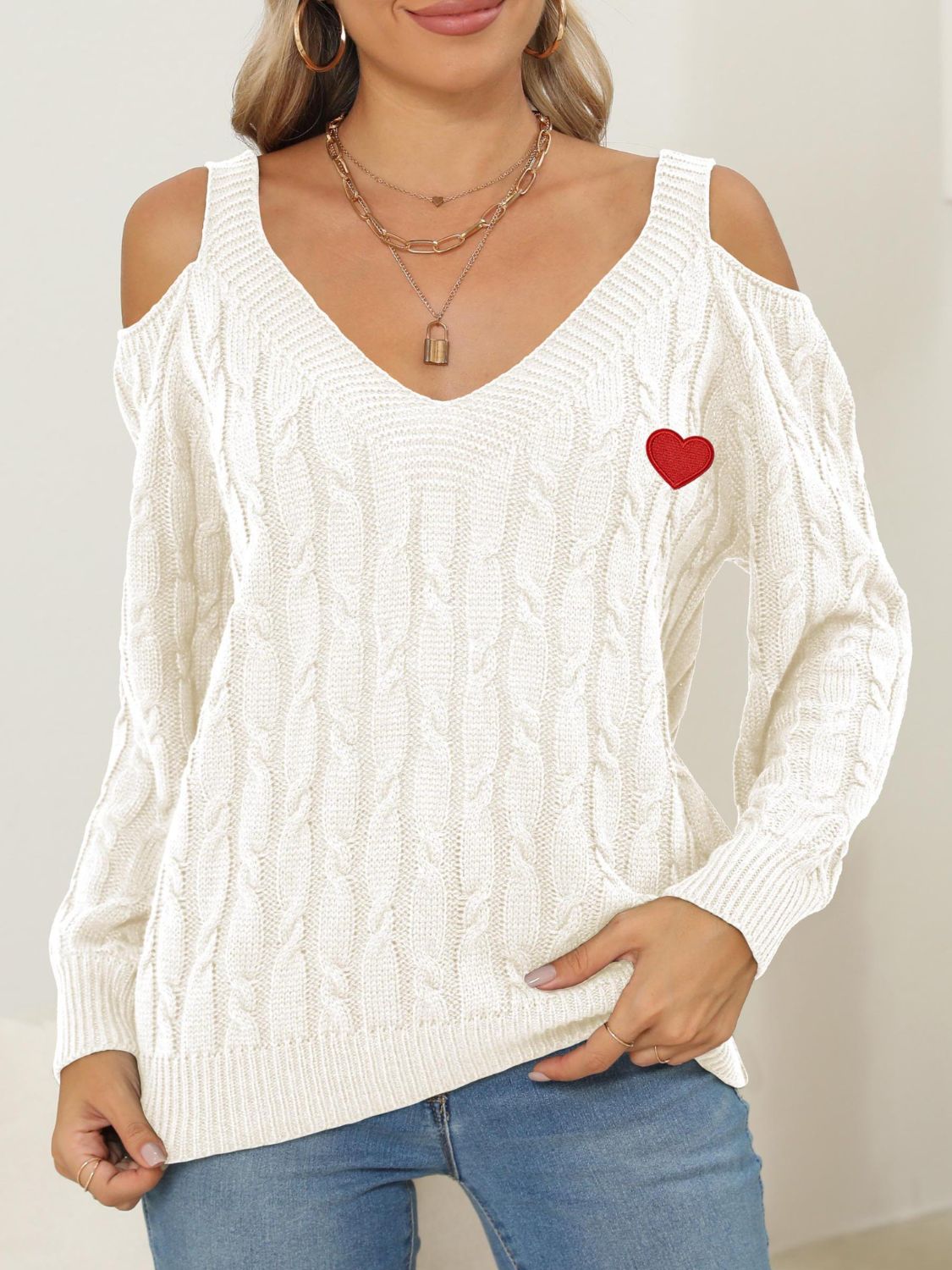 Cable-Knit Heart V-Neck Sweater-Angel Casuals