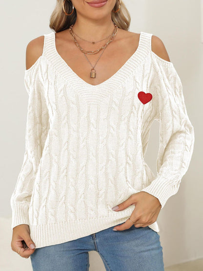 Cable-Knit Heart V-Neck Sweater-Angel Casuals