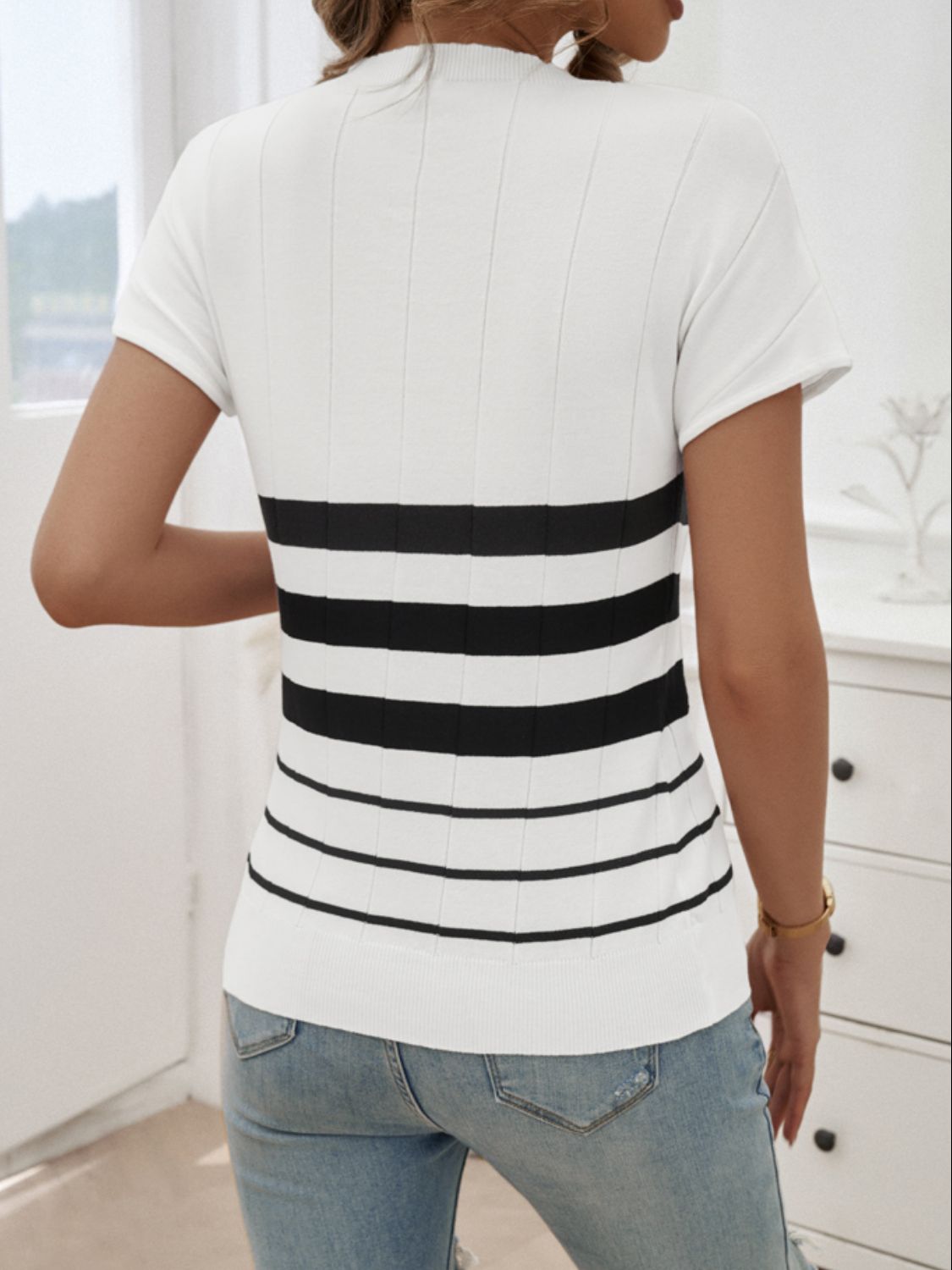 Devine Striped Round Neck Short Sleeve Knit Top-Angel Casuals