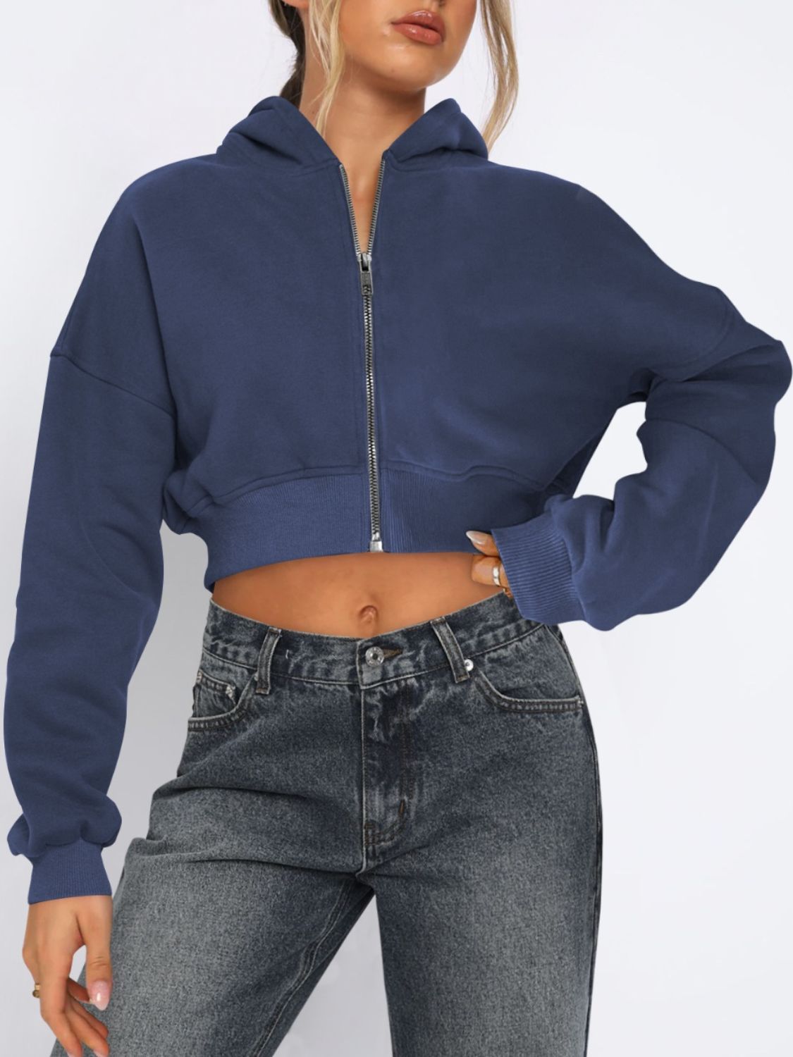 Zip Up Long Sleeve Hooded Cropped Jacket-Angel Casuals