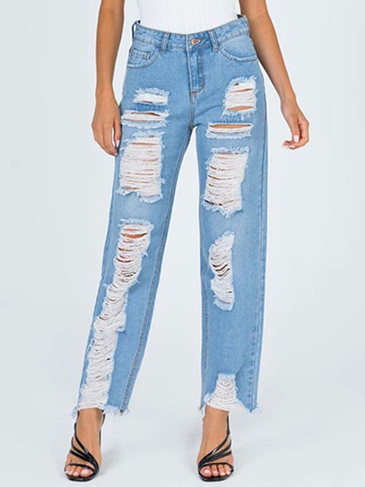 Raw Hem Distressed Straight Jeans-Angel Casuals