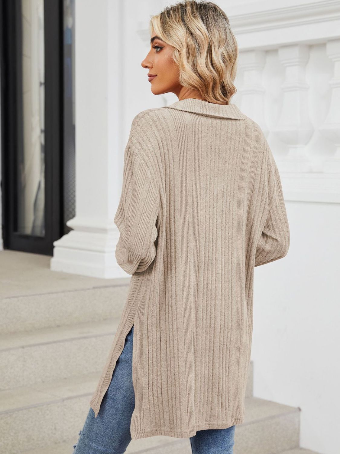 Slit Johnny Collar Long Sleeve T-Shirt-Angel Casuals