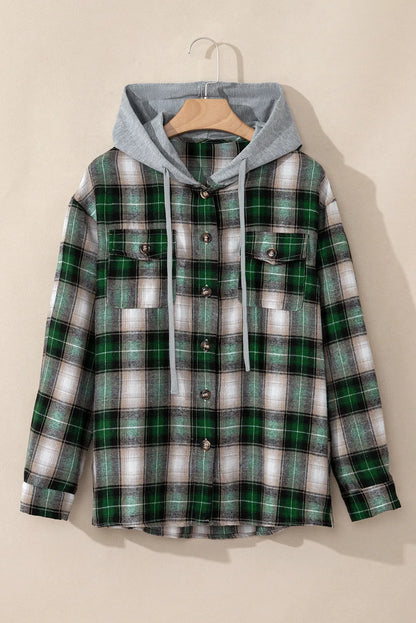 Drawstring Pocketed Plaid Hooded Jacket-Angel Casuals