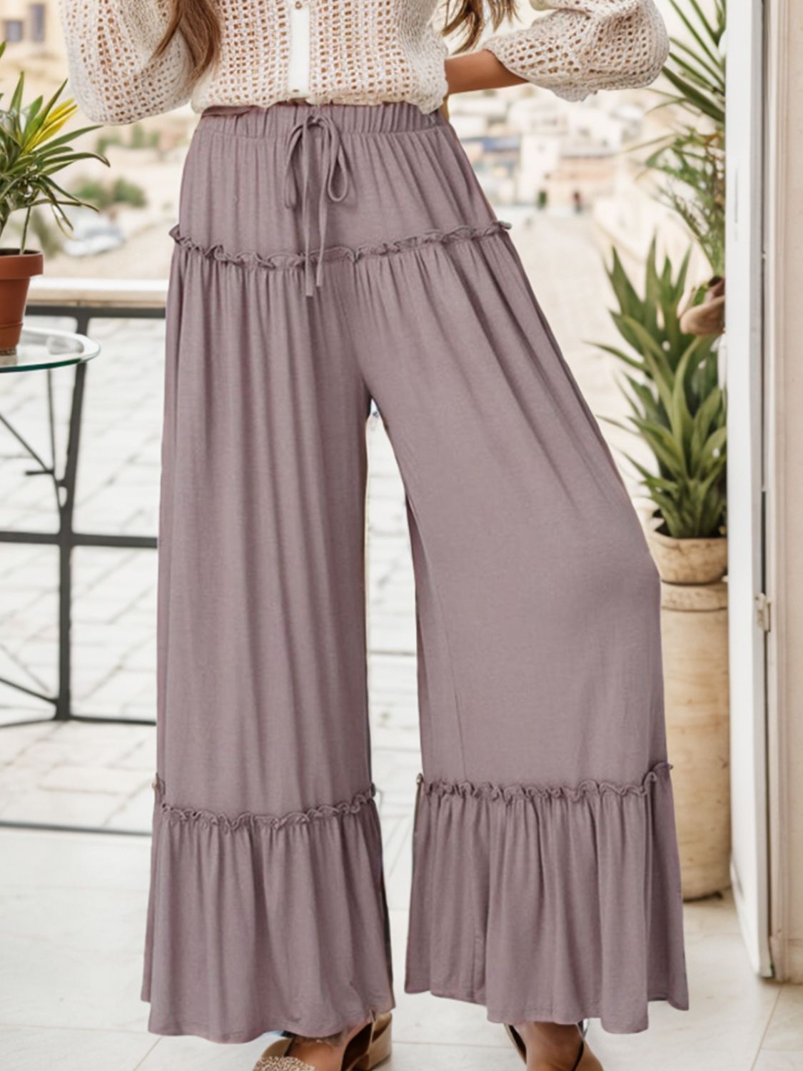 Wide Leg Ruffle Trim Pants-Angel Casuals