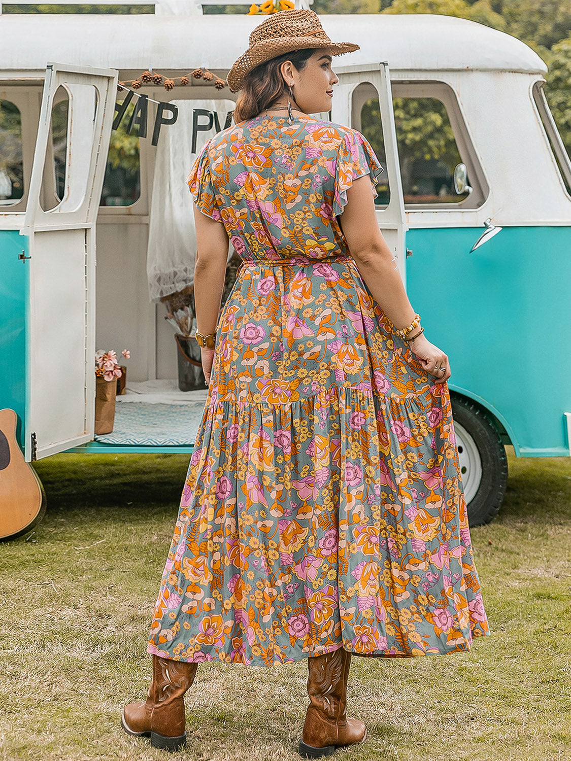 Plus Size Ruffled Printed Cap Sleeve Dress-Angel Casuals