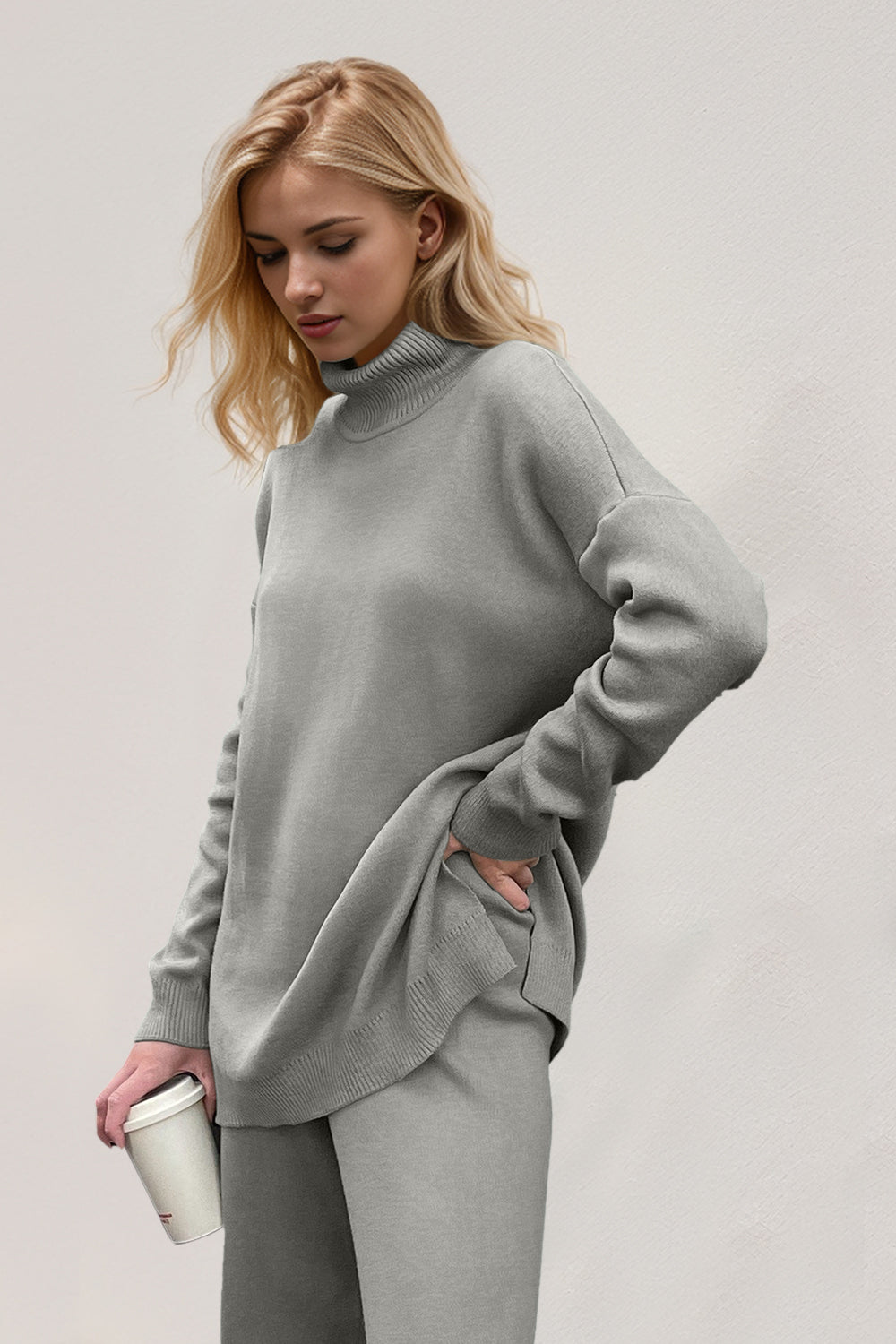 Basic Bae Side Slit Turtleneck Dropped Shoulder Sweater-Angel Casuals