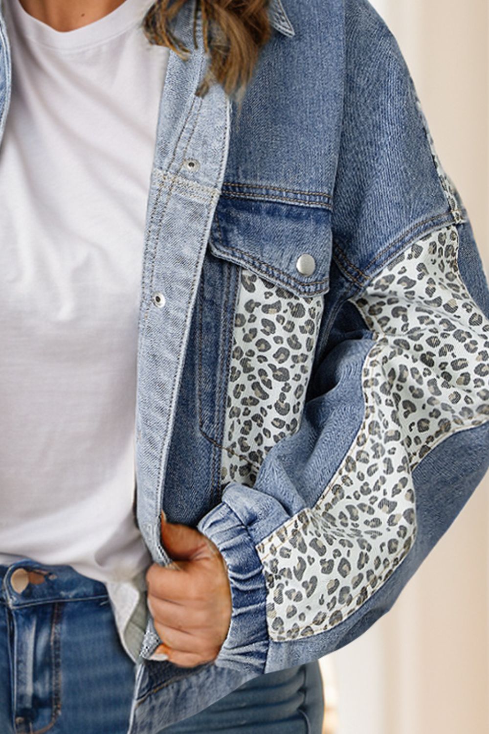 Plus Size Leopard Long Sleeve Denim Jacket-Angel Casuals