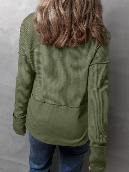Waffle-Knit Notched Long Sleeve T-Shirt-Angel Casuals