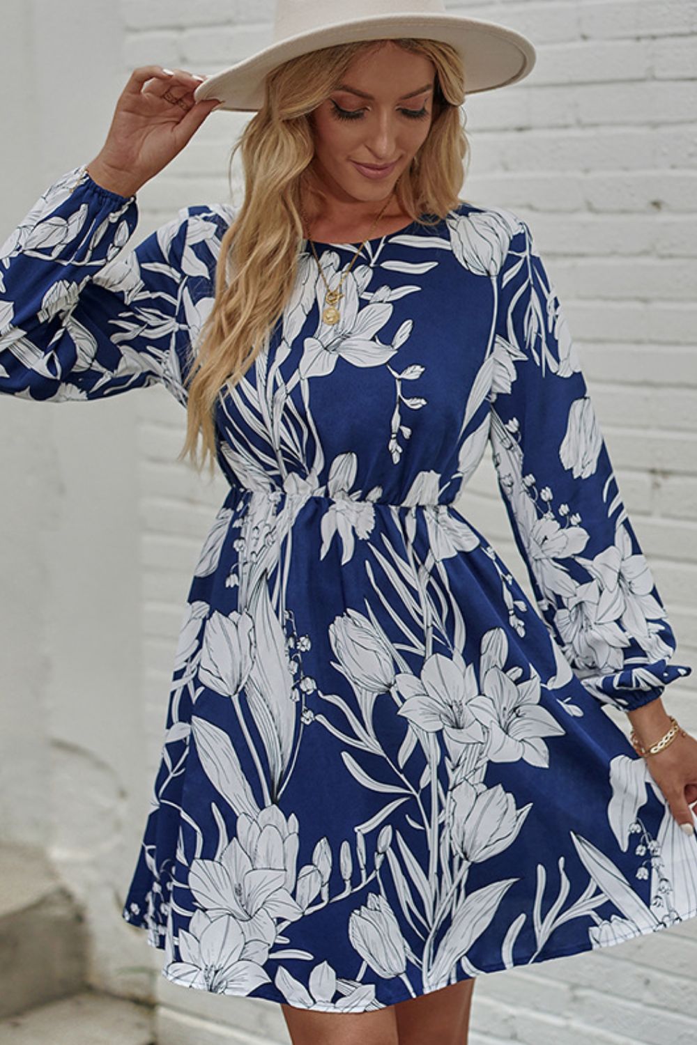 Floral Round Neck Balloon Sleeve Mini Dress-Angel Casuals