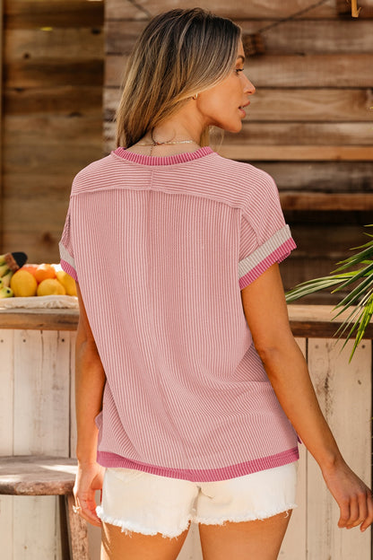 Color Block Round Neck Cap Sleeve T-Shirt-Angel Casuals