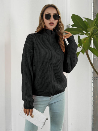 Turtleneck Zip Up Long Sleeve Knit Top-Angel Casuals