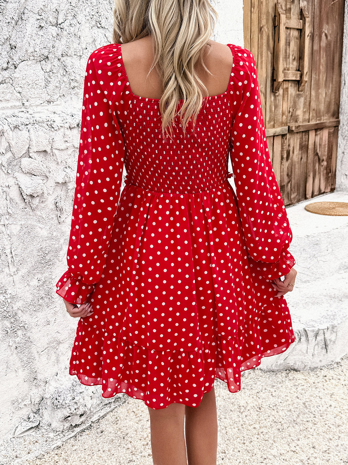 Smocked Polka Dot Long Sleeve Dress-Angel Casuals