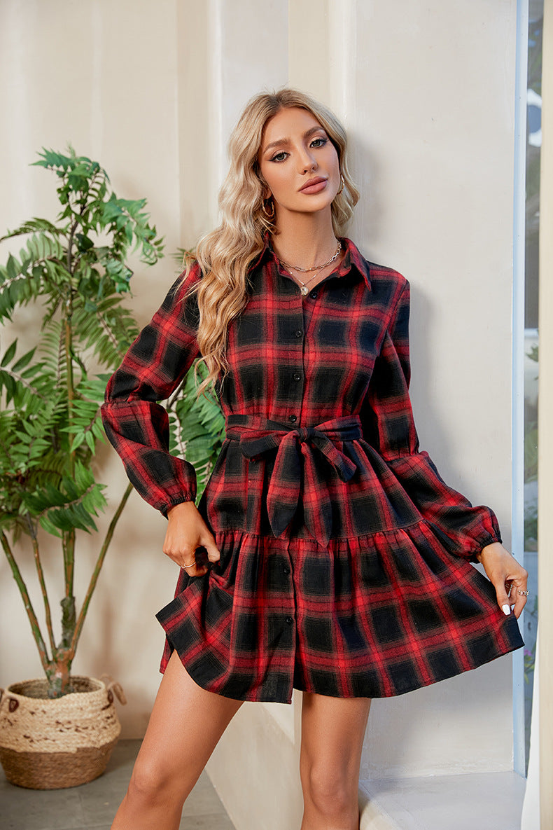 Plaid Print Tie Waist Collared Neck Shirt Dress-Angel Casuals