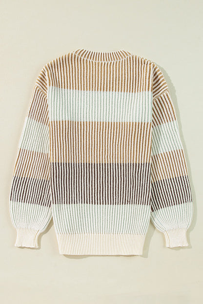 Striped Color Block Round Neck Long Sleeve Sweater-Angel Casuals