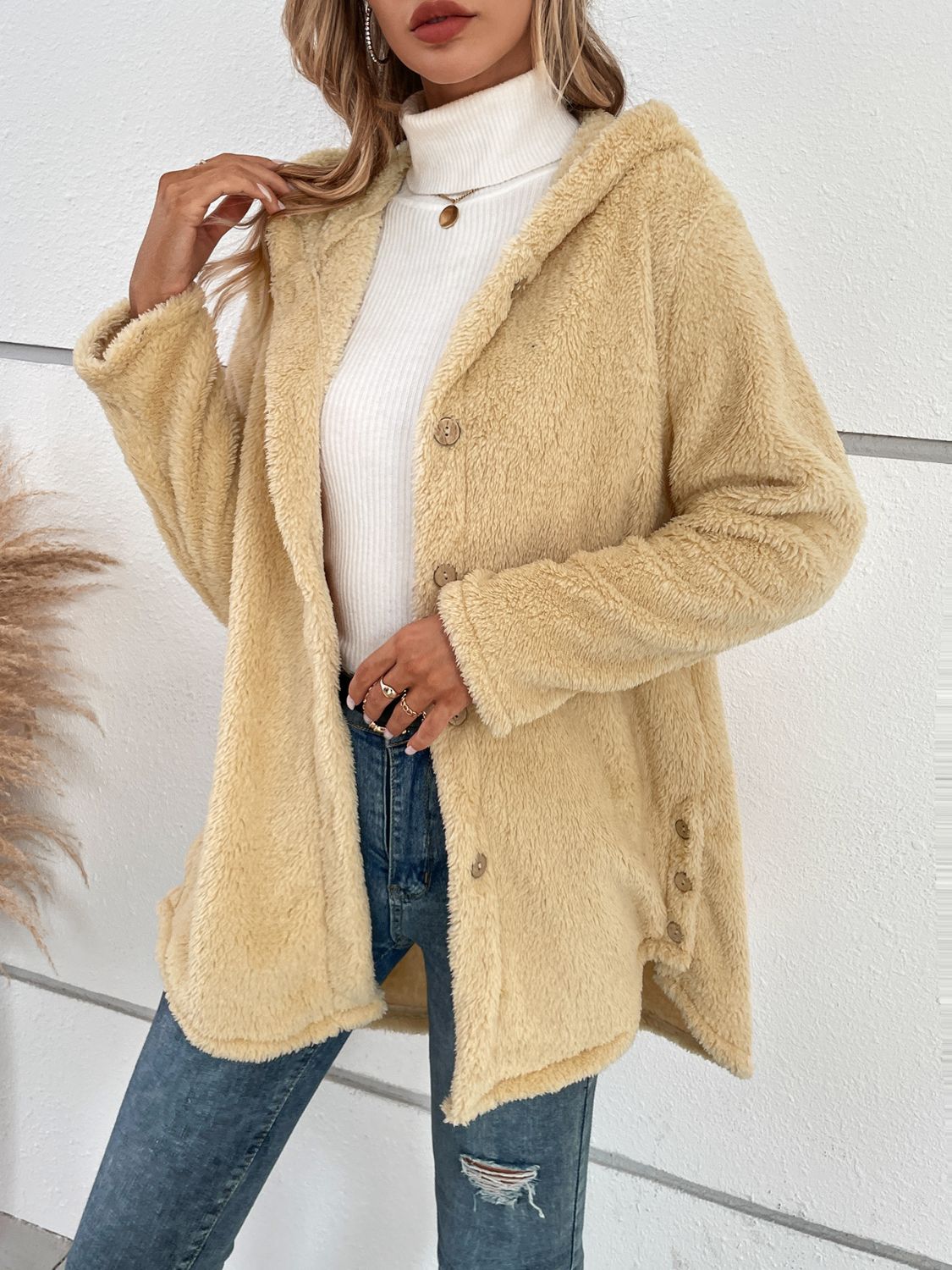 Fuzzy Button Up Hooded Jacket-Angel Casuals