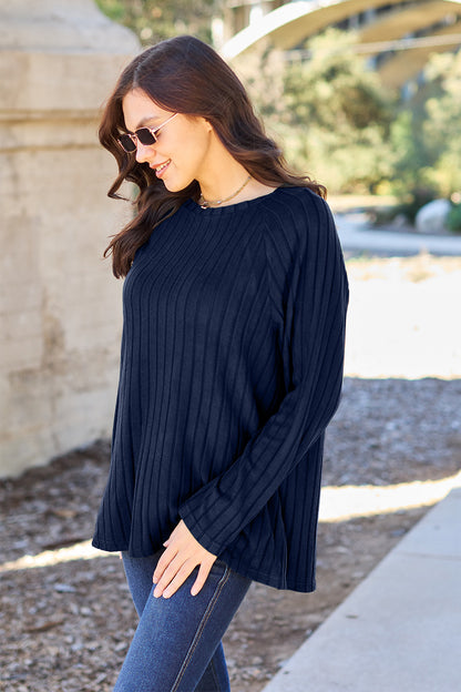 Basic Bae Full Size Ribbed Round Neck Long Sleeve Knit Top-Angel Casuals