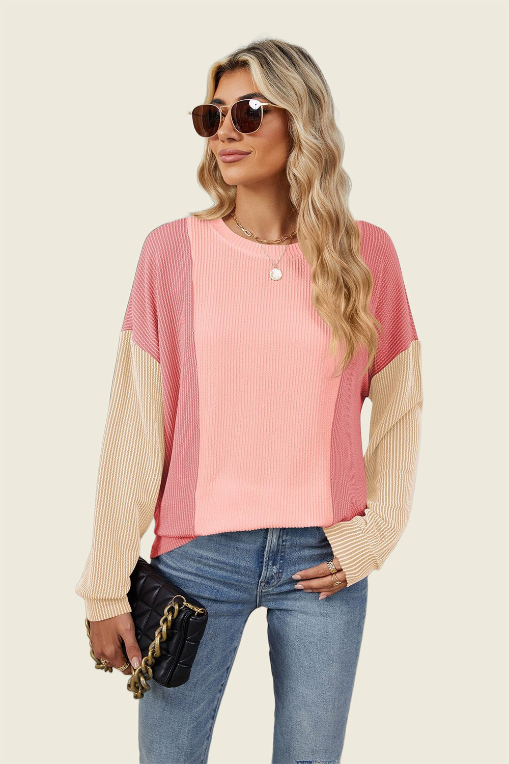 Double Take Texture Contrast Round Neck Long Sleeve T-Shirt-Angel Casuals