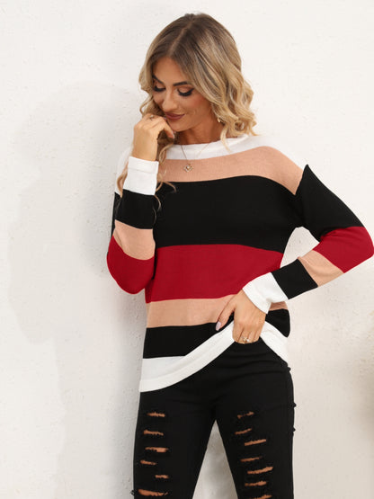 Striped Round Neck Dropped Shoulder Sweater-Angel Casuals