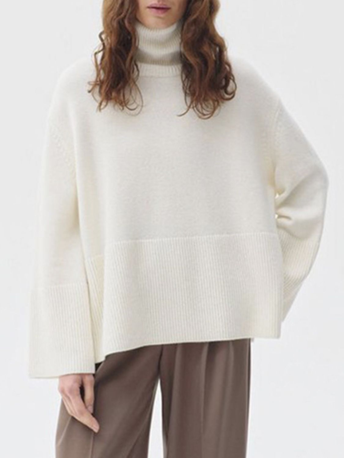 Side Slit Turtleneck Drop Shoulder Sweater-Angel Casuals