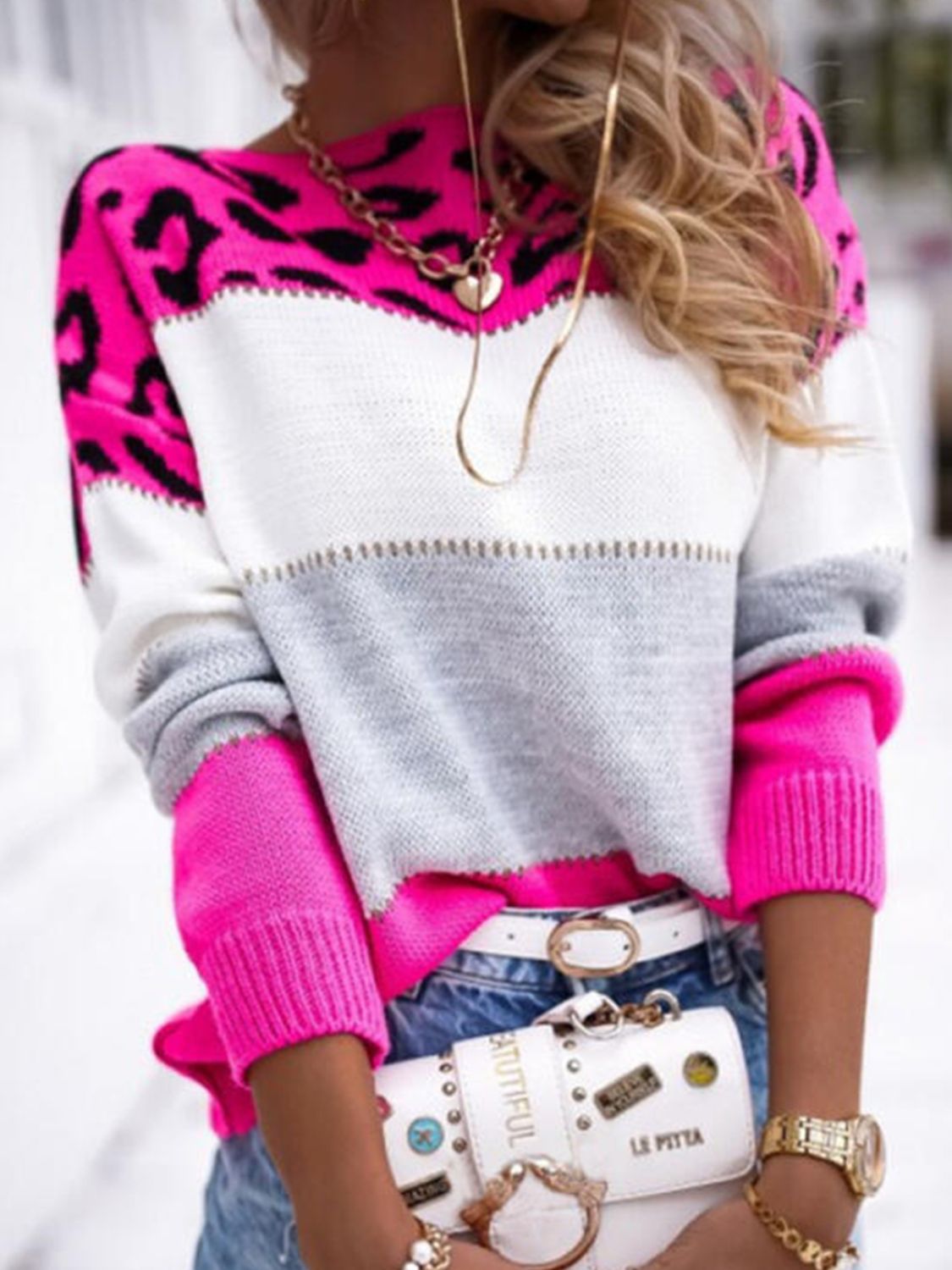 Leopard Color Block Round Neck Long Sleeve Sweater-Angel Casuals