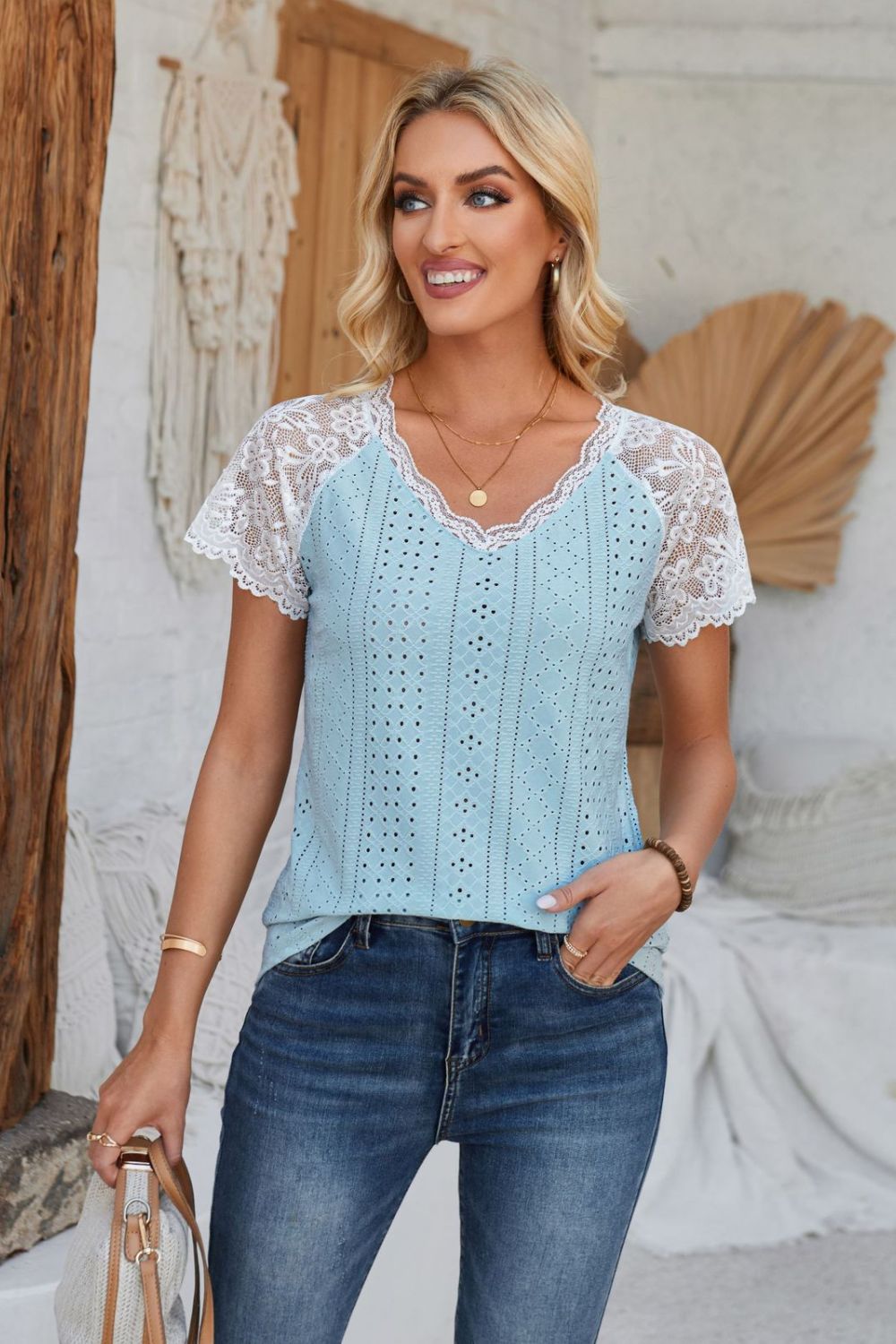 Eyelet V-Neck Lace Short Sleeve T-Shirt-Angel Casuals