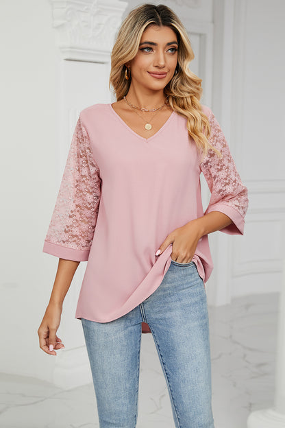 V-Neck Three-Quarter Sleeve Top-Angel Casuals