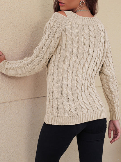 Honey Cable-Knit V-Neck Cold Shoulder Sweater-Angel Casuals