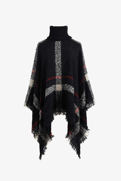 Plaid Turtleneck Raw Hem Poncho-Angel Casuals