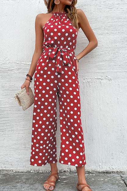 Polka Dot Grecian Wide Leg Jumpsuit-Angel Casuals