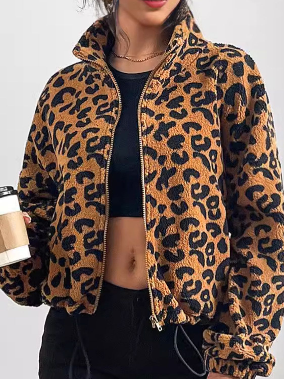 Leopard Zip Up Long Sleeve Jacket-Angel Casuals