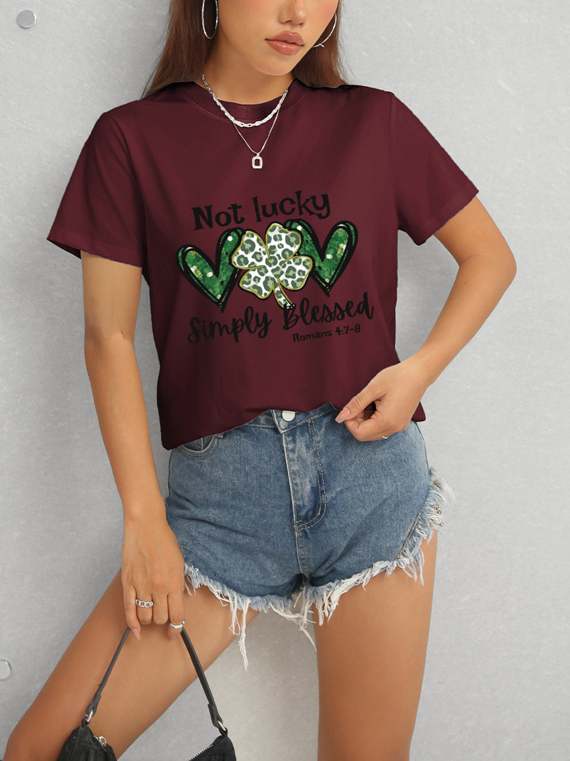 Lucky Clover Round Neck Short Sleeve T-Shirt-Angel Casuals
