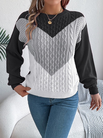 Contrast Round Neck Long Sleeve Sweater-Angel Casuals