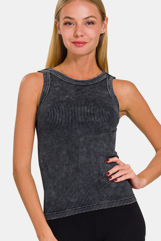 Zenana 2 Way Neckline Washed Ribbed Cropped Tank-Angel Casuals